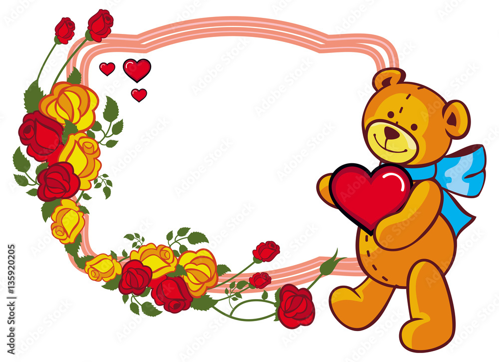 Oval label with red roses and cute teddy bear holding a big heart. Oval label with red roses and cute teddy bear holding a big heart.