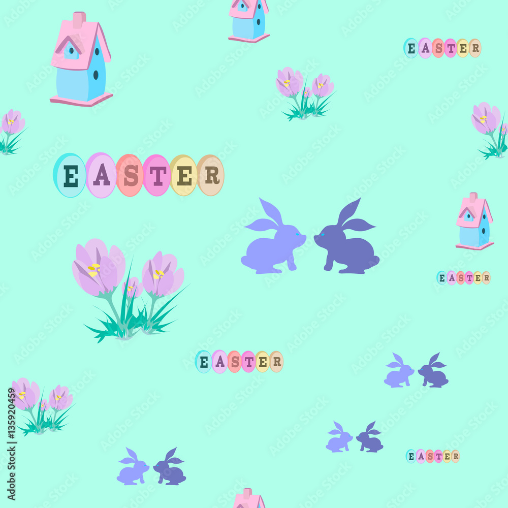 Seamless pattern with birdhouse, rabbits, spring crocus. Spring time and easter. Seamless pattern with birdhouse, rabbits, spring crocus. Spring time and easter.