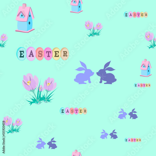 Seamless pattern with birdhouse, rabbits, spring crocus. Spring time and easter.