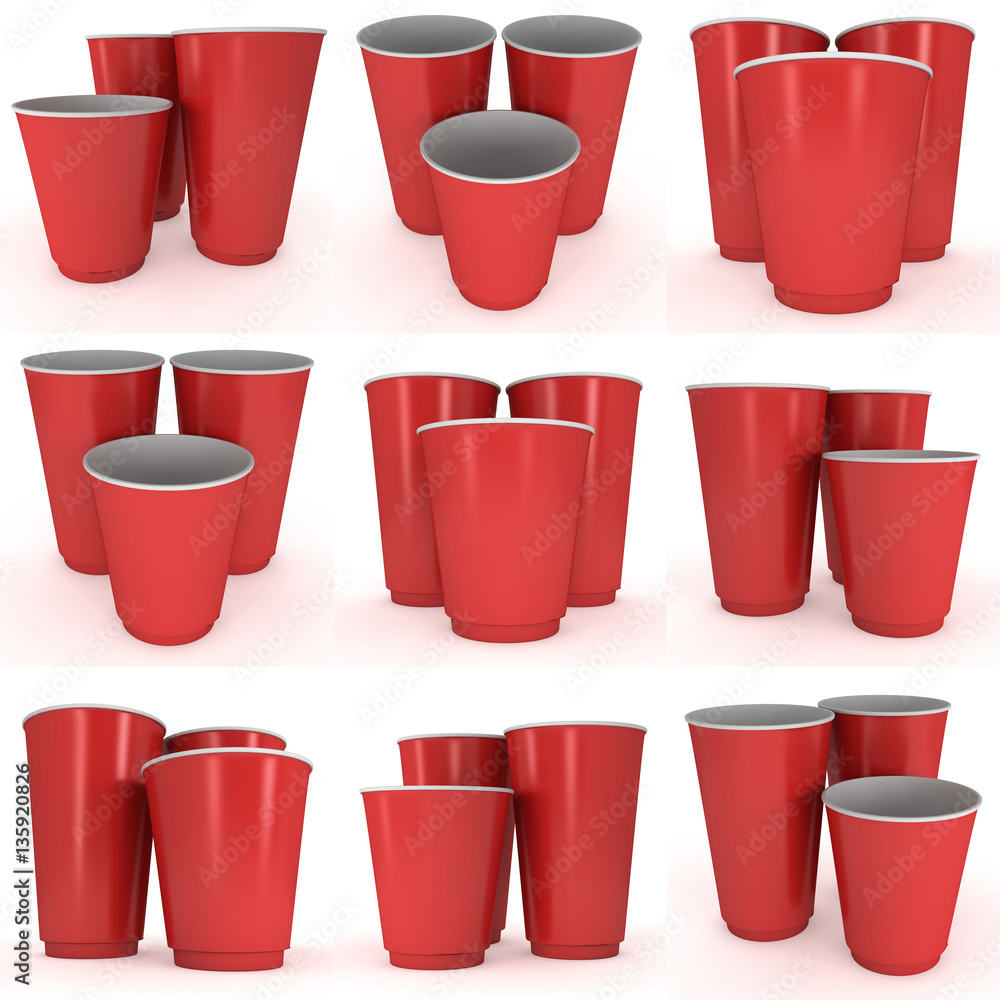 Disposable drink cups set. Red paper mug. 3d render isolated on white background Disposable drink cups set. Red paper mug. 3d render isolated on white background