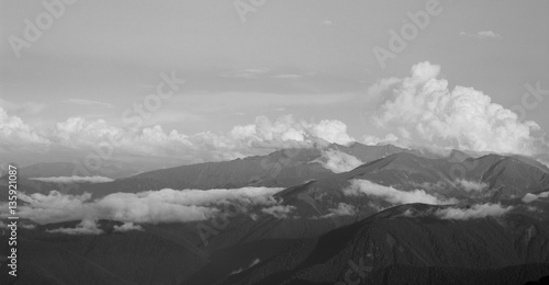 Magnificent views of the Caucasus Mountains. Black and white photography