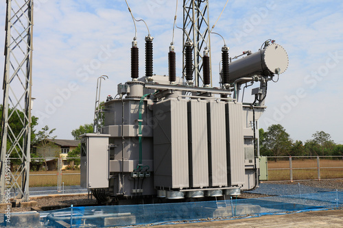 Power transformer in 115 kv sub station. photo