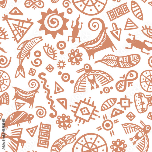 Cave painting tribal ethnic symbols - seamless pattern