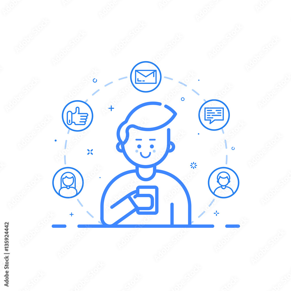 Vector illustration in flat bold linear style. Boy holding mobile phone with smile on his face. Vector illustration in flat bold linear style. Boy holding mobile phone with smile on his face.