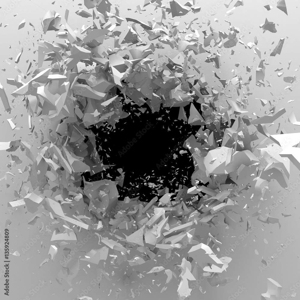Fototapeta Explosion broken white wall with cracked hole. Abstract backgrou