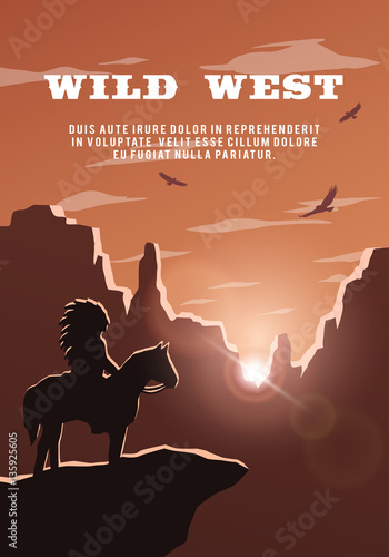 Silhouette of an Indian on the background of the wild west.