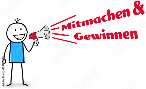 Figur sagt durch das Megafon Mitmachen und Gewinnen