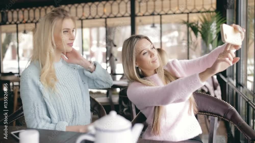 Two women friends making selfie on smartphone in a cafe Two women friends making selfie on smartphone in a cafe