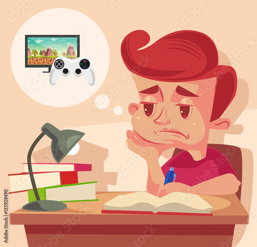 School child character do not want to do homework. Vector flat cartoon illustration