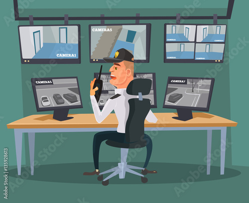 Security guard character watching cameras. Vector flat cartoon illustration