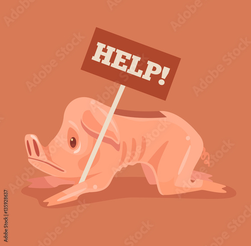 Poor piggy bank character. No money. Vector flat cartoon illustration