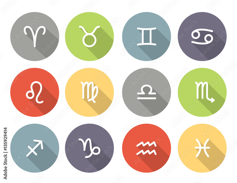 Set of zodiac symbols, round colored icons with shadow on the white background Set of zodiac symbols, round colored icons with shadow on the white background