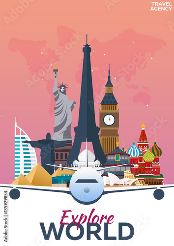 Travel poster. Discover Europe. Vacation. Trip to country. Travelling illustration. Modern vector flat.