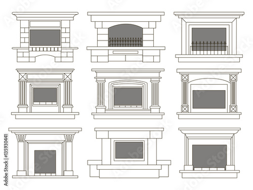 Set of vector fireplace icons and fireplace design