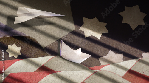 Usa Flag Waves Paper Boat and Airplane on Plaster with Shadow