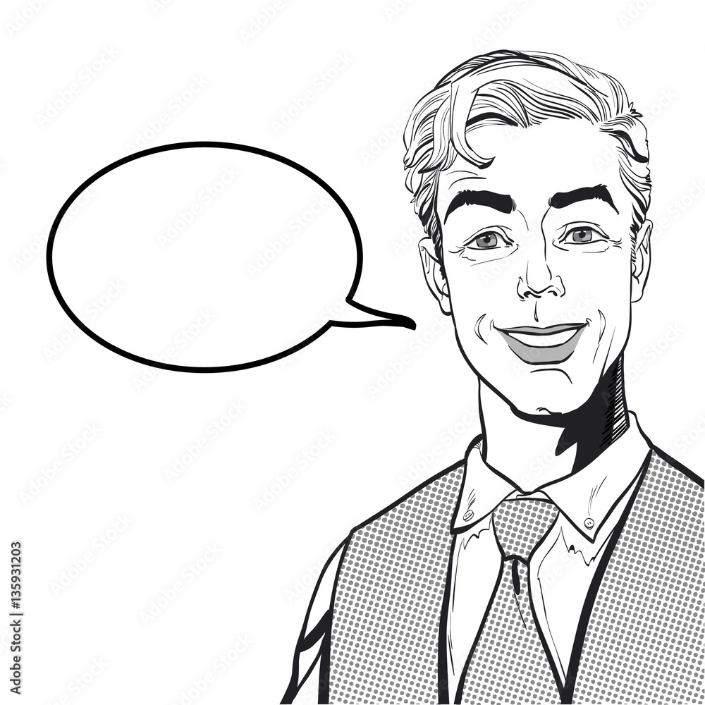 Smiling man. Happy business man. Young and successful business man cartoon. Concept idea of advertisement and promo. Pop art retro style illustration. Halftone background. People in retro style. Smiling man. Happy business man. Young and successful business man cartoon. Concept idea of advertisement and promo. Pop art retro style illustration. Halftone background. People in retro style.