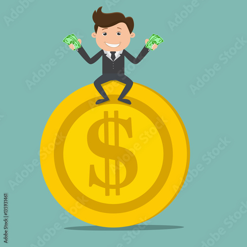 Businessman sitting on gold coin and holding money - vector illustration