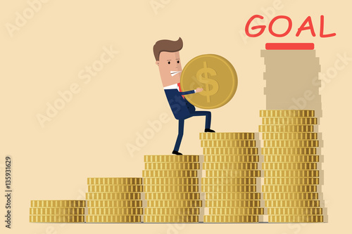 businessman or manager go to a pile of golden coins. stock vector businessman step on stack of coin in investment progress concept. Vector illustration