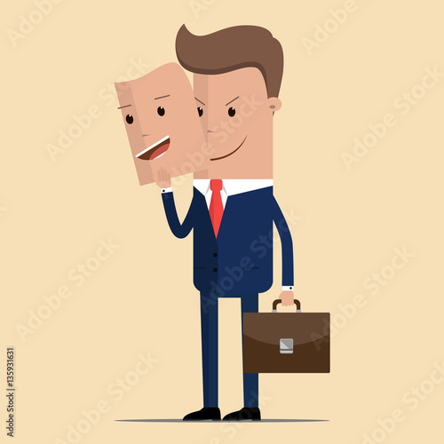 Businessman or manager character. Manager character happy and angry. Two faced character. Bad man wear good mask