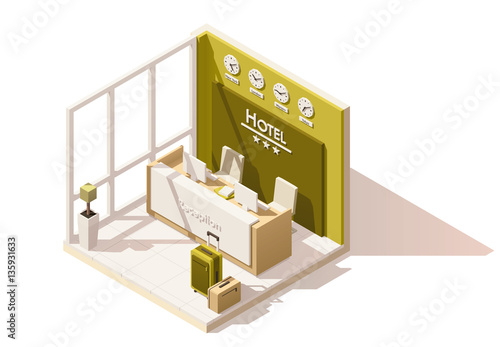 Vector isometric low poly hotel reception cutaway icon. Includes reception desk and suitcases