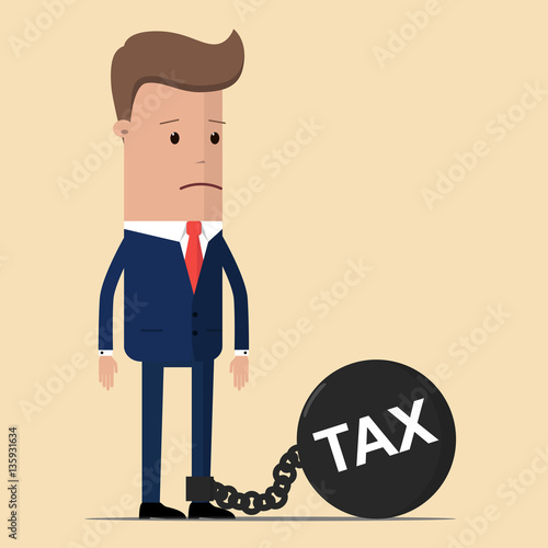 businessman or manager chained to his big heavy debt weight with shackles. Businessman corporate slavery concept. Businessman and tax burden, business concept