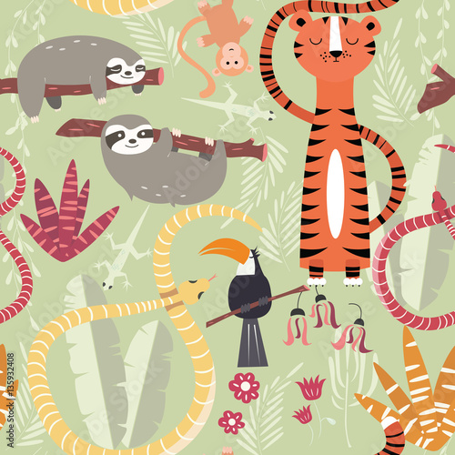 Fototapeta Naklejka Na Ścianę i Meble -  Seamless pattern with cute rain forest animals, tiger, snake, sloth