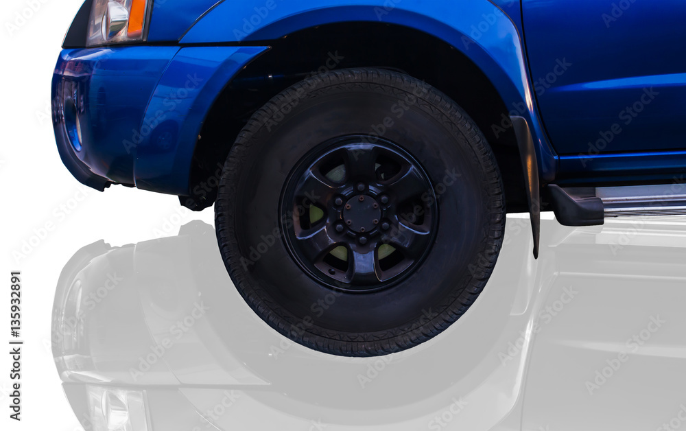 Fototapeta premium Close up front of old blue car on a white background