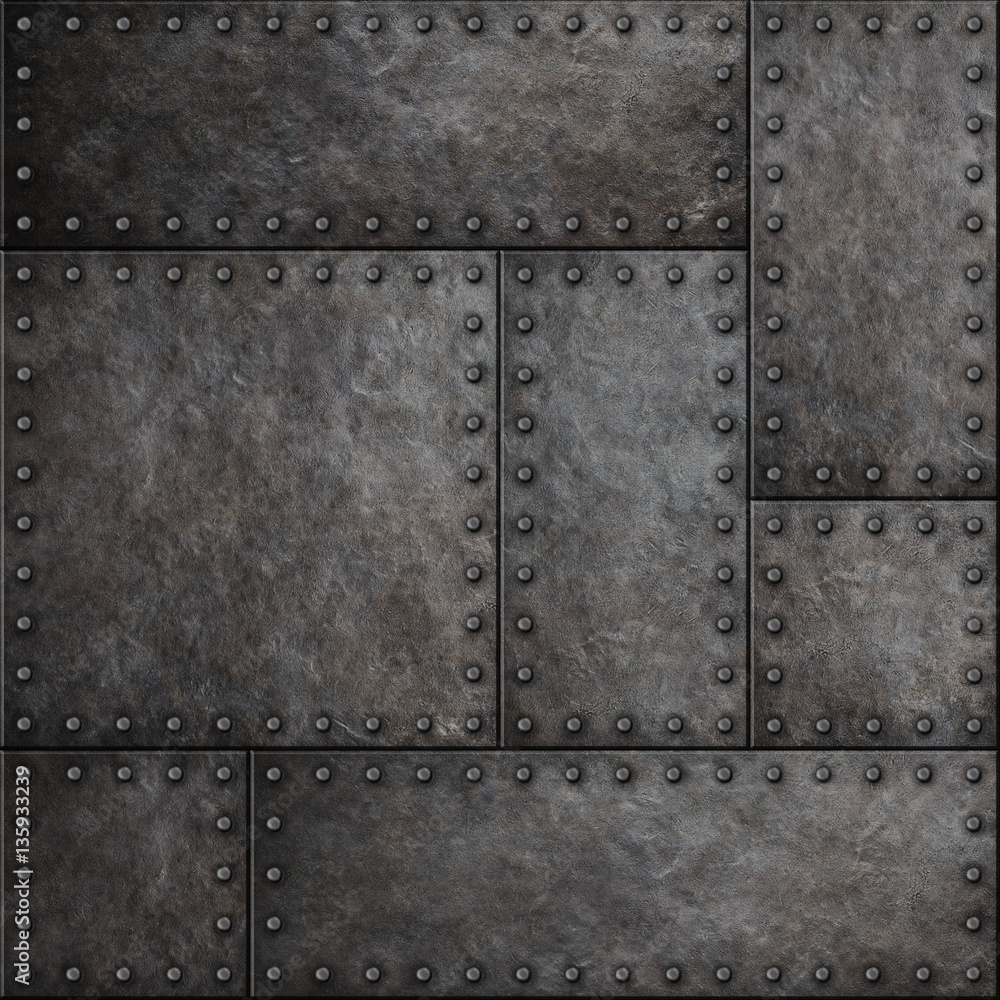 Dark metal plates with rivets seamless background or texture