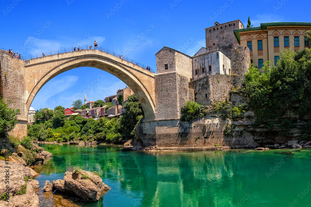 The Old Bridge in Mostar with emerald river Neretva. Bosnia and Herzegovina.