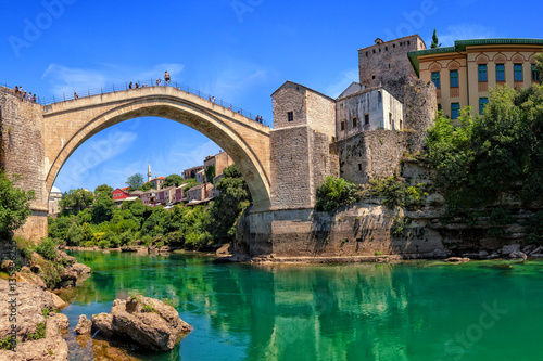 The Old Bridge in Mostar with emerald river Neretva. Bosnia and Herzegovina.