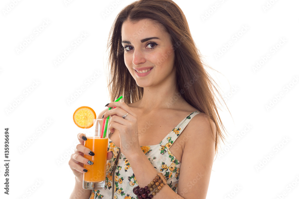 summertime portrait of young cheerful girl in light clothes with cocktail in her hands smiling isolated on white background summertime portrait of young cheerful girl in light clothes with cocktail in her hands smiling isolated on white background