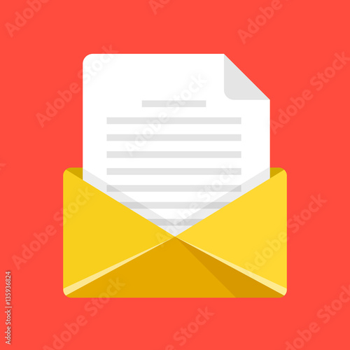 Open envelope with letter. Yellow envelope icon. Email, e-mail, send message concepts. Modern flat design graphic element. Vector illustration