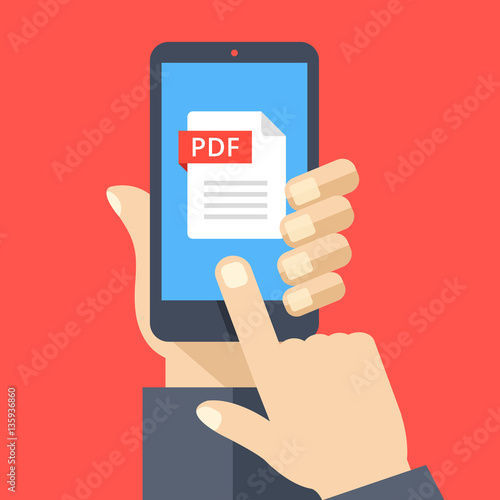 PDF file on smartphone screen. Hand holds smartphone, finger touches screen. Read, download, view PDF on phone, mobile device. Modern graphic elements. Flat design vector illustration