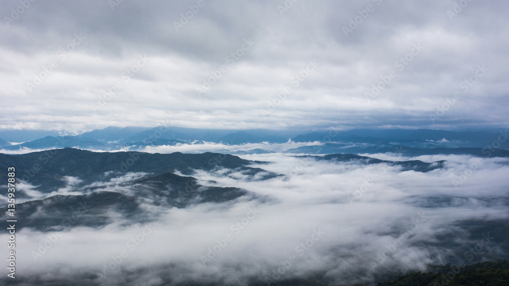 White mist floating on the mountain, Fantastic mountain landscap