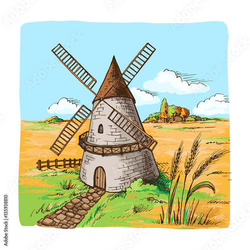 Watercolor Windmill with Wheat Fields in graphic style
