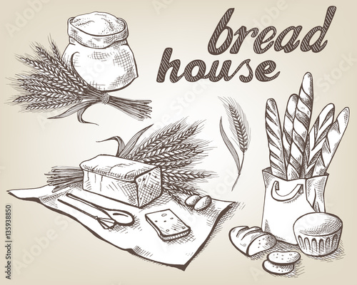 Set of fresh bread and sack with whole flour in graphic style