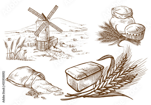 Set of fresh bread and ear sack mill in graphic style