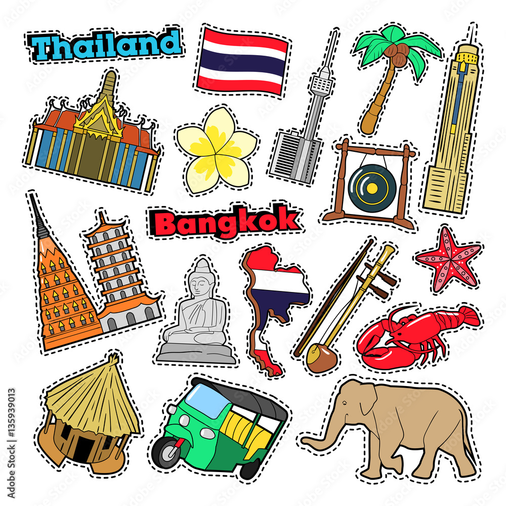 Fototapeta premium Thailand Travel Elements with Architecture for Badges, Stickers, Prints. Vector Doodle