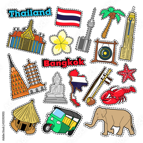 Thailand Travel Elements with Architecture for Badges, Stickers, Prints. Vector Doodle