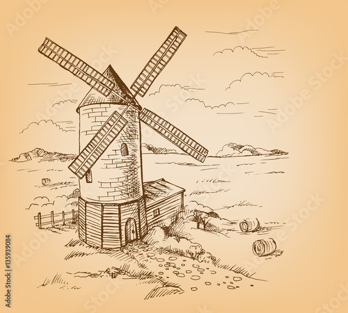 Windmill with Wheat Fields in graphic style