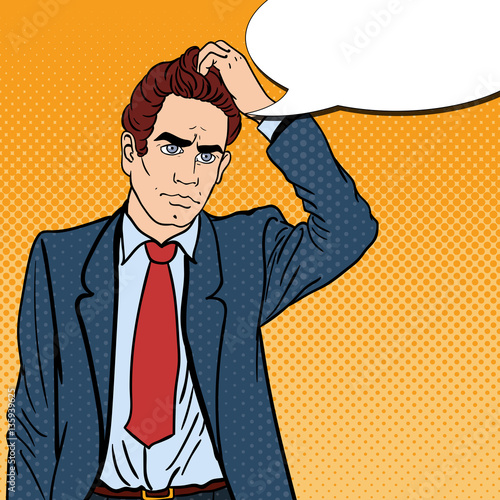 Pop Art Doubtfull Businessman with Briefcase. Vector illustration