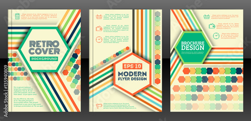 Brochure cover design templates in retro style. Hexagons and line design flyers in vintage style. Abstract retro poster background. Vector eps 10