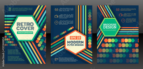 Brochure cover design templates in retro style. Hexagons and line design flyers in vintage style. Abstract retro poster background. Vector eps 10