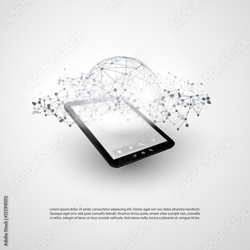 Abstract Cloud Computing and Global Network Connections Concept Design with Tablet PC, Wireless Mobile Device, Transparent Geometric Mesh - Illustration in Editable Vector Format