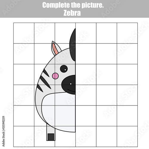 Copy by grid. Complete the picture children educational game, coloring page. Kids activity sheet with cute zebra character