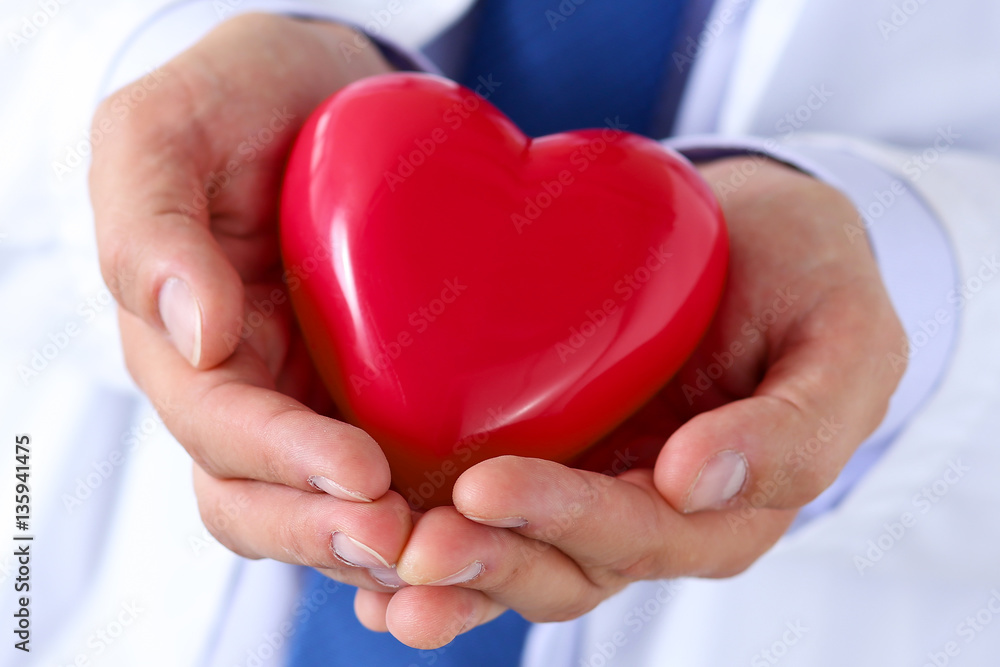 Male medicine doctor hands holding and covering red toy heart