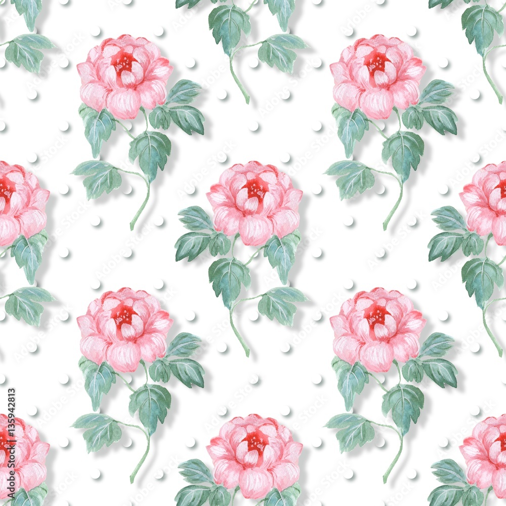 Seamless pattern. Pink flowers. Polka dot background 1