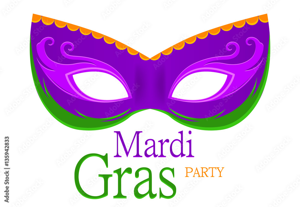 Mardi Gras purple carnival mask with ornaments for poster, greeting card, party invitation, banner or flyer on white background. EPS10. Vector Illustration.