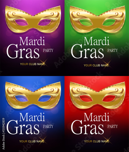Mardi Gras set of golden carnival masks with ornaments for poster, greeting card, party invitation, banner or flyer on beautiful red, green, purple and blue backgrounds. EPS10. Vector Illustration.