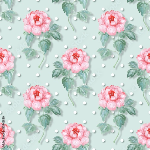 Seamless pattern. Pink flowers. Polka dot background 2